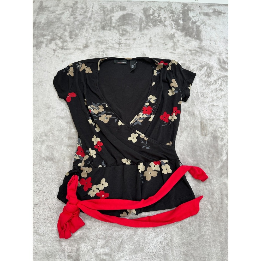 Vintage New York & Co Blouse Women's Size XS Black Cherry Blossom Print Tie Off